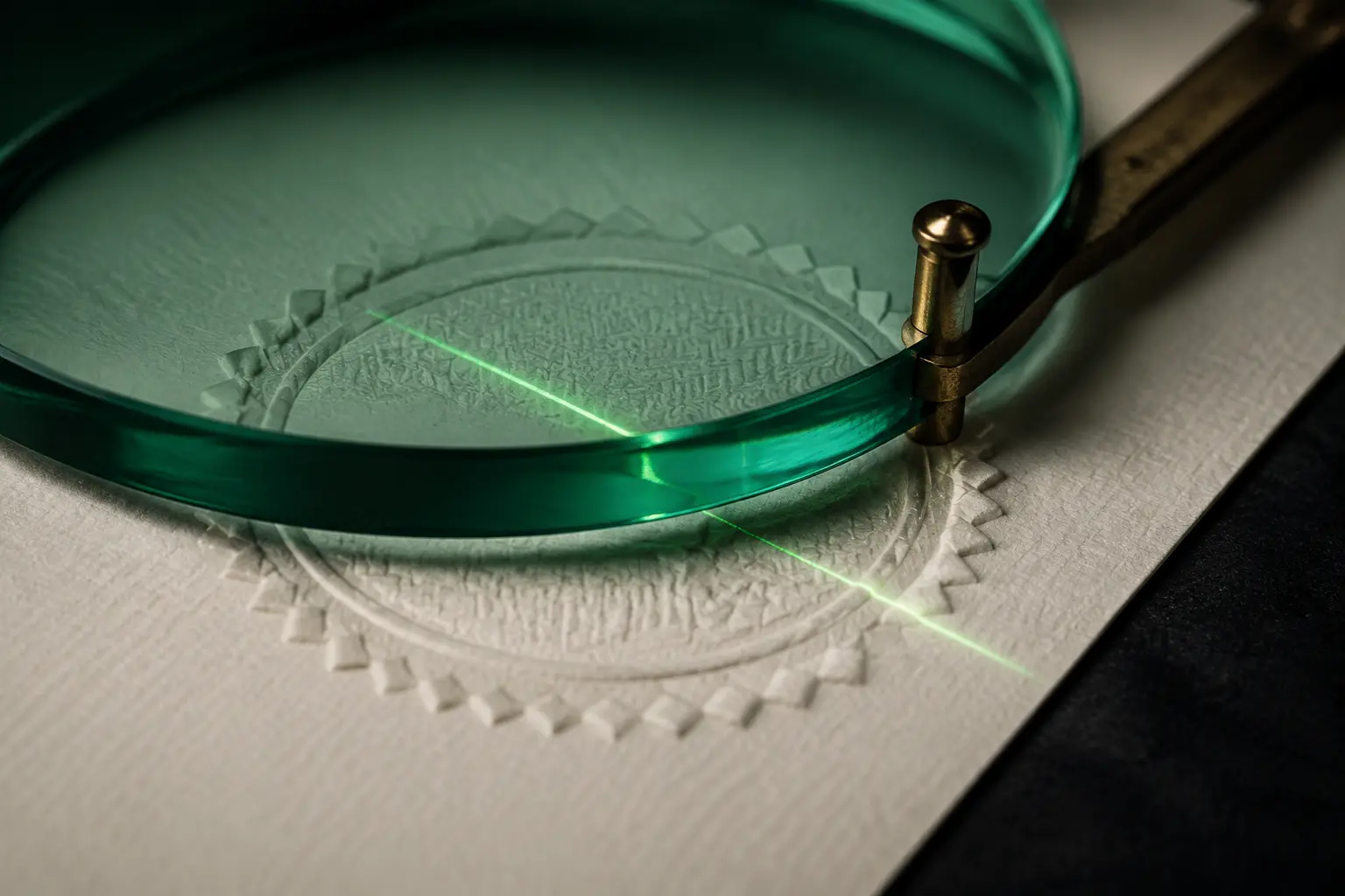 Emerald verification glass aligned over an embossed paper seal
